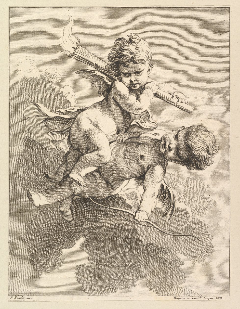 Två amoriner, en bär en fackla, en annan en pilbåge, 1727-60. av Pierre Alexandre Aveline