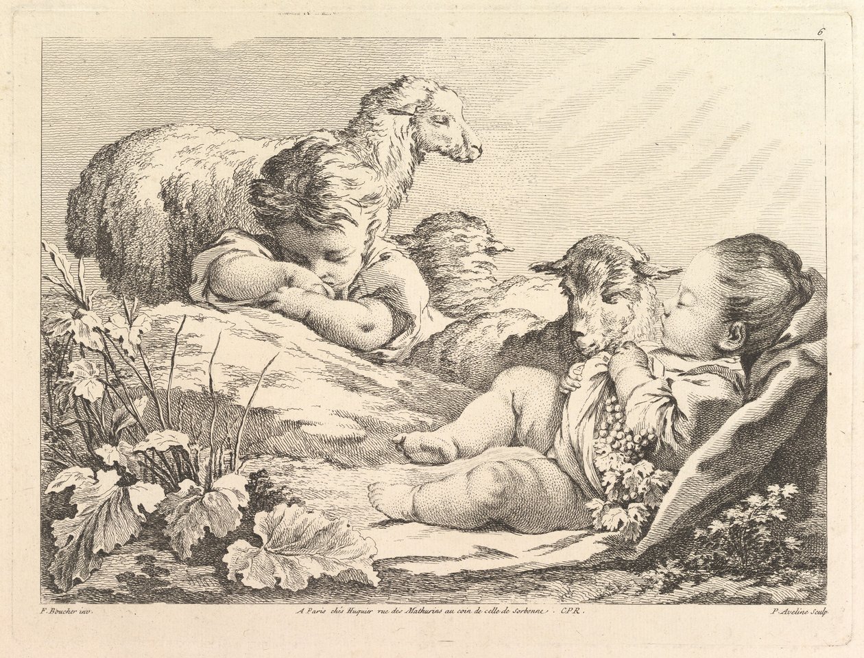 Två sovande barn med tre får, 1700-talet. av Pierre Alexandre Aveline