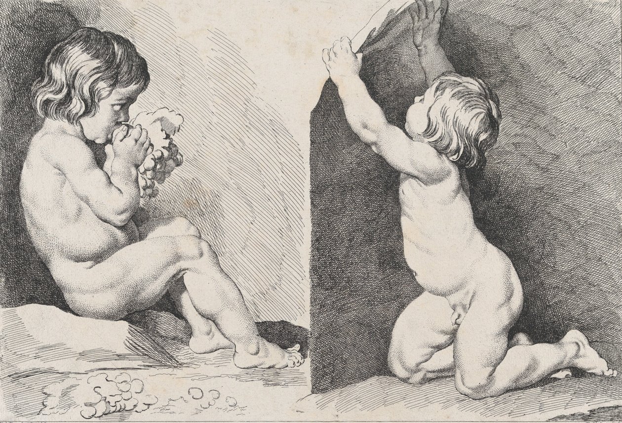 Två nakna barn som äter vindruvor, från New Book of Children, 1720-60. av Pierre Alexandre Aveline