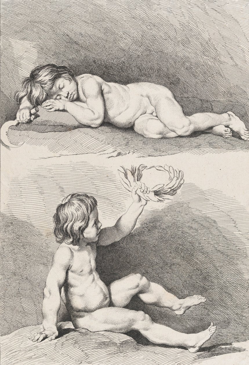 Två nakna barn, det ena sover och det andra håller i en krans, från New Book of Childr..., 1720-60. av Pierre Alexandre Aveline