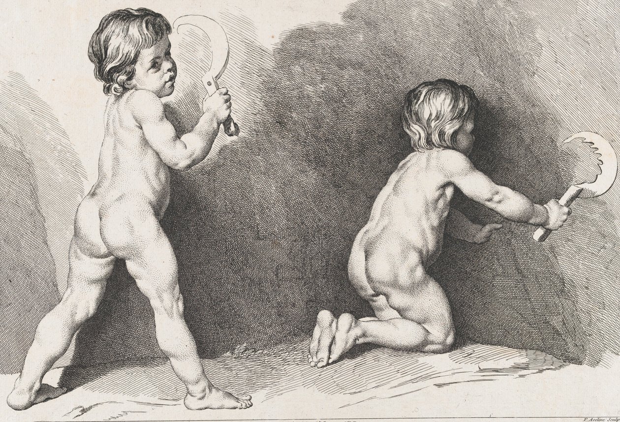 Två nakna barn stående, från New Book of Children, 1720-60. av Pierre Alexandre Aveline