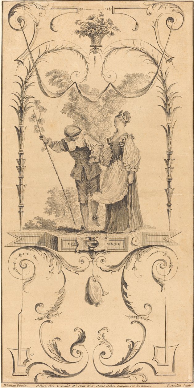 Herde och herdinna (?) av Pierre Alexandre Aveline after Antoine Watteau