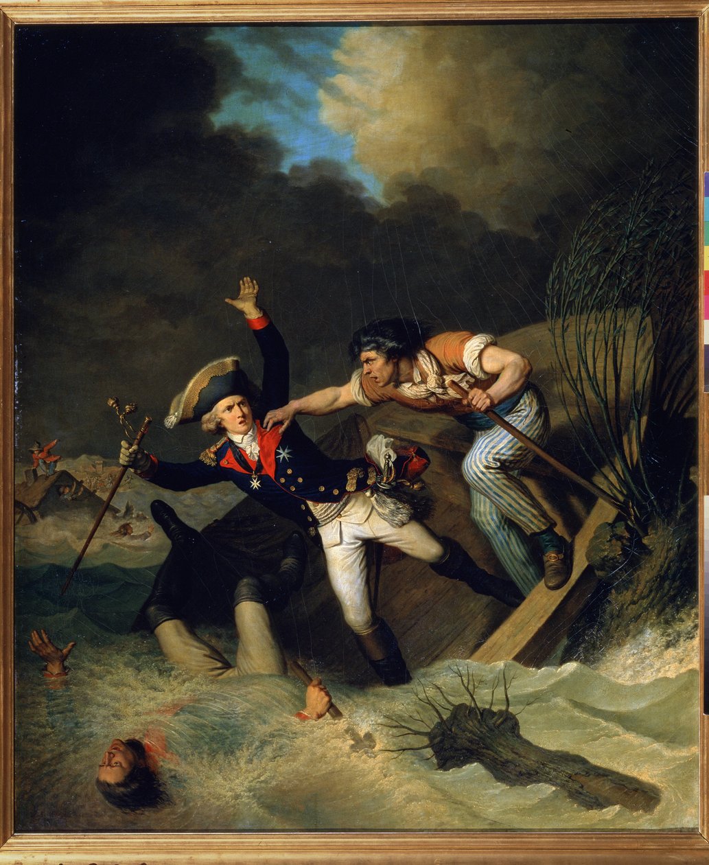Hertig Leopolds död av Brunswick, under översvämningen av Brunswick 1785. (Leopolds död av Brunswick, under en översvämning i Brunswick 1785). Målning av Pierre Alexandre de Wille (1748-1821). Olja på duk av Pierre Alexandre Wille