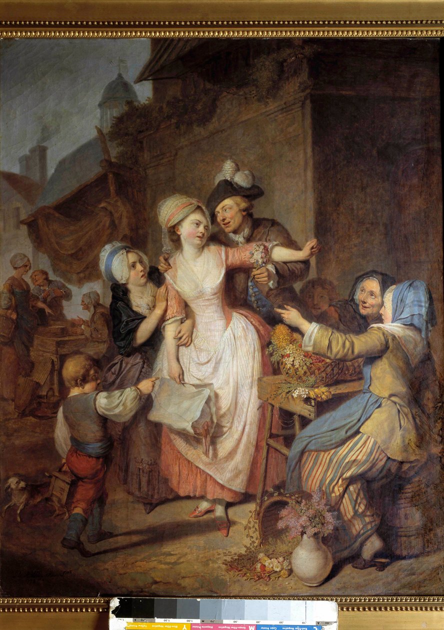 Förförelsen En man förför en ung kvinna genom att erbjuda henne en bukett blommor, en annan kvinna verkar varna henne. Målning av Pierre-Alexandre Wille dit Wille Fils (1748-1821). 1778. Paris, Museet för dekorativ konst av Pierre Alexandre Wille