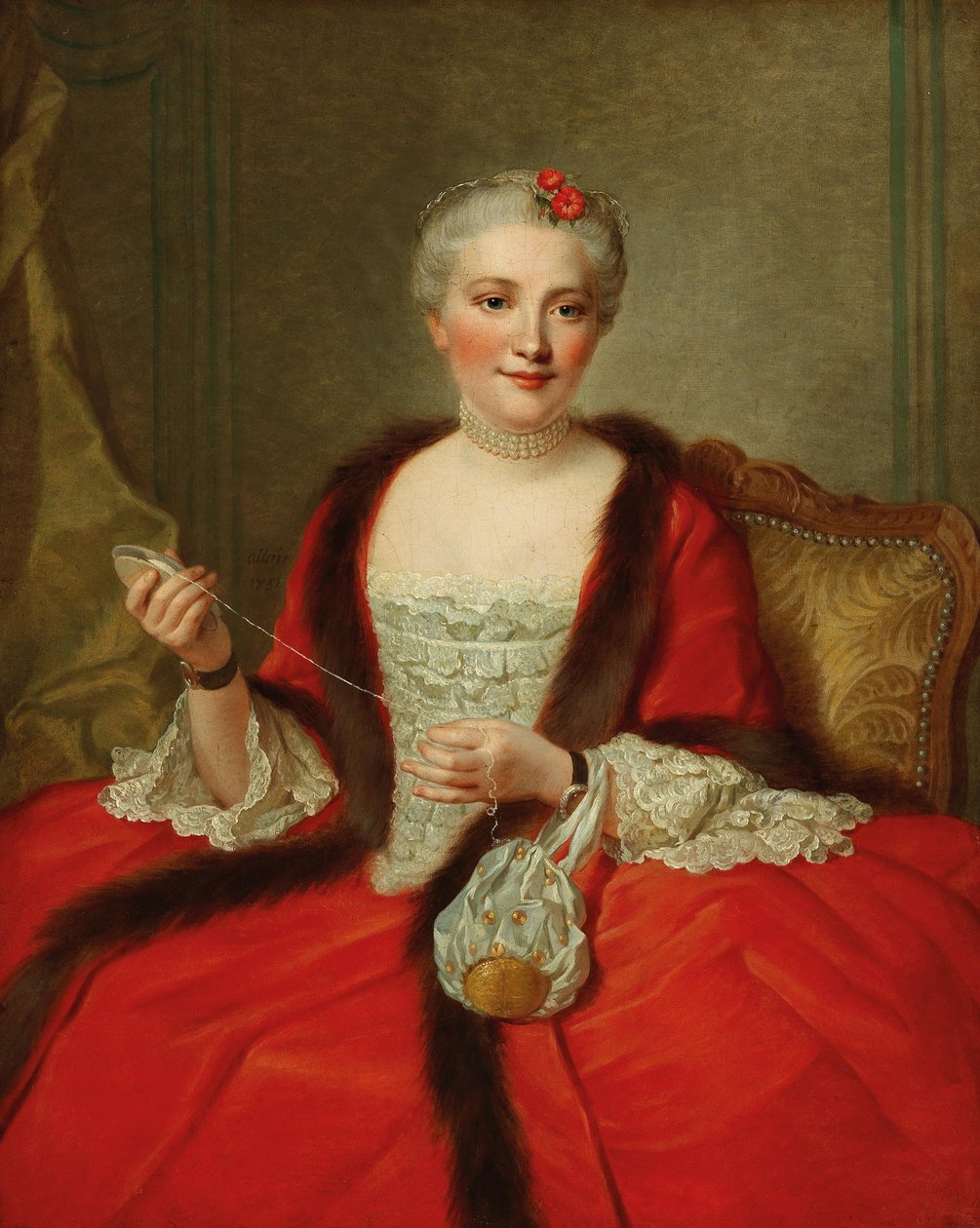 Porträtt av en elegant dam som håller i en vävskyttel, 1751. av Pierre Allais