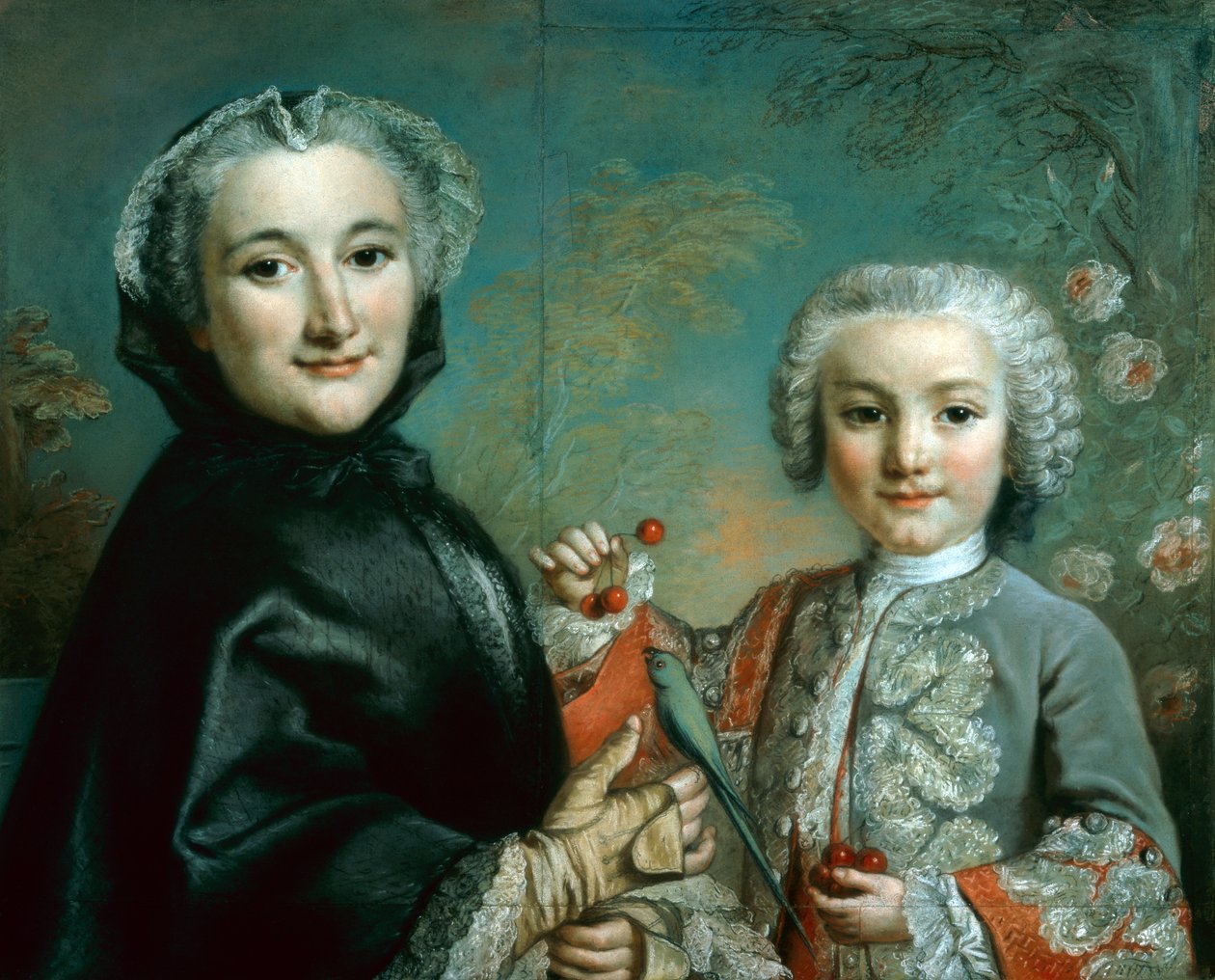 Kvinna och barn med en parakit och körsbär av Pierre Allais