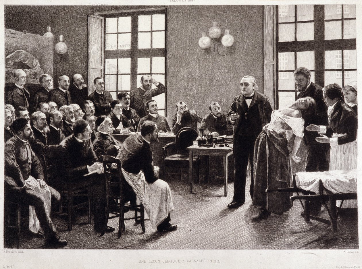 En klinisk föreläsning av Dr Charcot vid Salpetriere 1887. Studenter från avdelningen för professor Jean Martin Charcot som förklarar fallet med Blanche Wittman, hans patient och marsvin föredrar hennes forskning om hysteri. Han var assistent till Jo av Pierre Andre (after) Brouillet