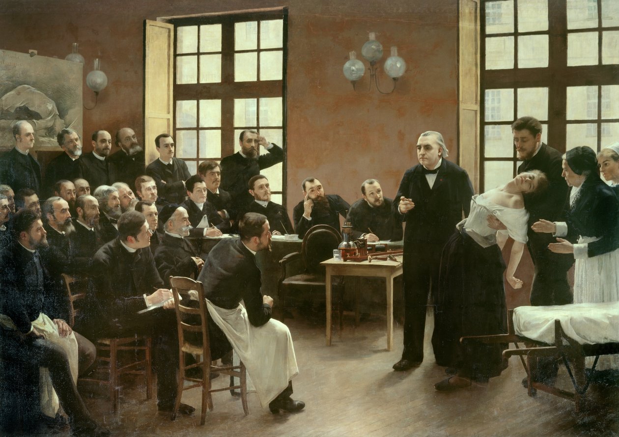 En klinisk föreläsning av Dr Charcot vid Salpetriere 1887. Studenter vid avdelningen för professor Jean Martin Charcot (1825-1893) som förklarar fallet med Blanche Wittman, hans patient och marsvin föredrar hennes forskning om hysteri. Han var en assistent av Pierre Andre Brouillet