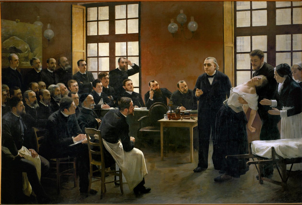 En lektion om hysteri av Jean Martin Charcot, neurologins pionjär, på sjukhuset la Salpetriere (olja på duk) av Pierre Andre Brouillet