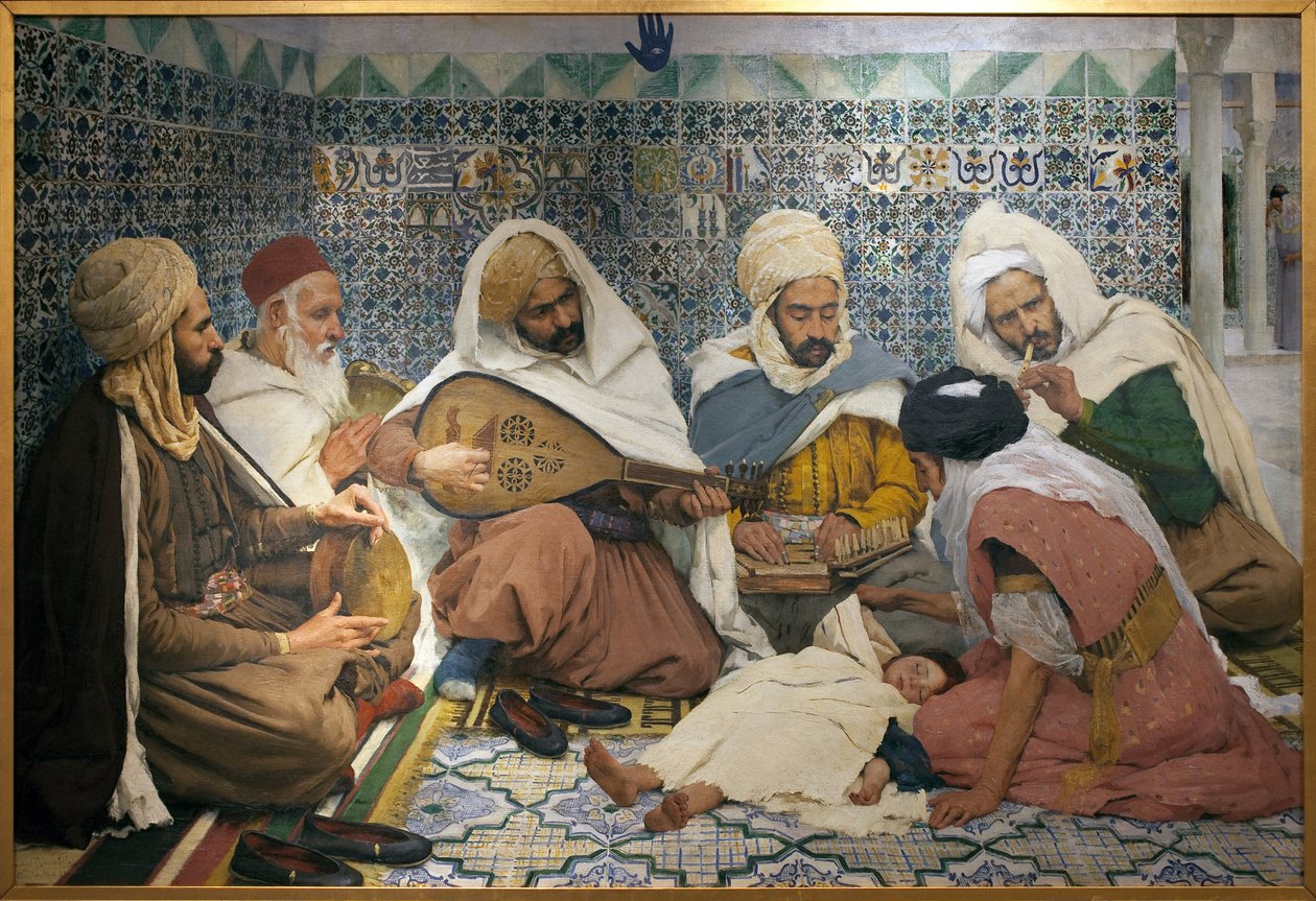 Exorcism: Arabiska musiker som jagar jinn från kroppen på ett barn. Målning av Andre Brouillet (1857-1914), Olja på duk av Pierre Andre Brouillet