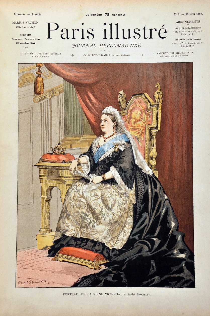 Porträtt av Victoria Iere, drottning av England (1819-1901) av Andre Brouillet, gravyr från 1887 i "" Paris-Illustrous journal weekly"". av Pierre Andre Brouillet