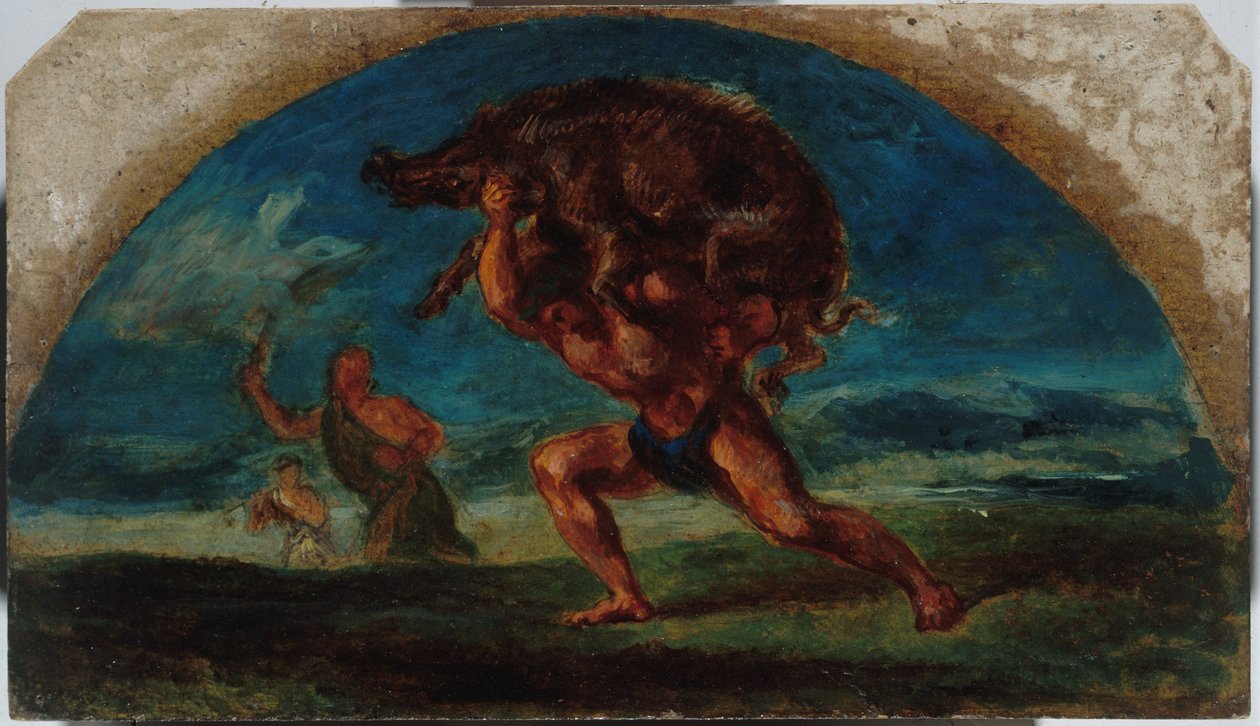 Skiss till Salon de la Paix i Hôtel de Ville i Paris: Herkules och Erymanthem-svinet, efter Delacroix, mellan 1852 och 1854 (olja) av Pierre Andrieu