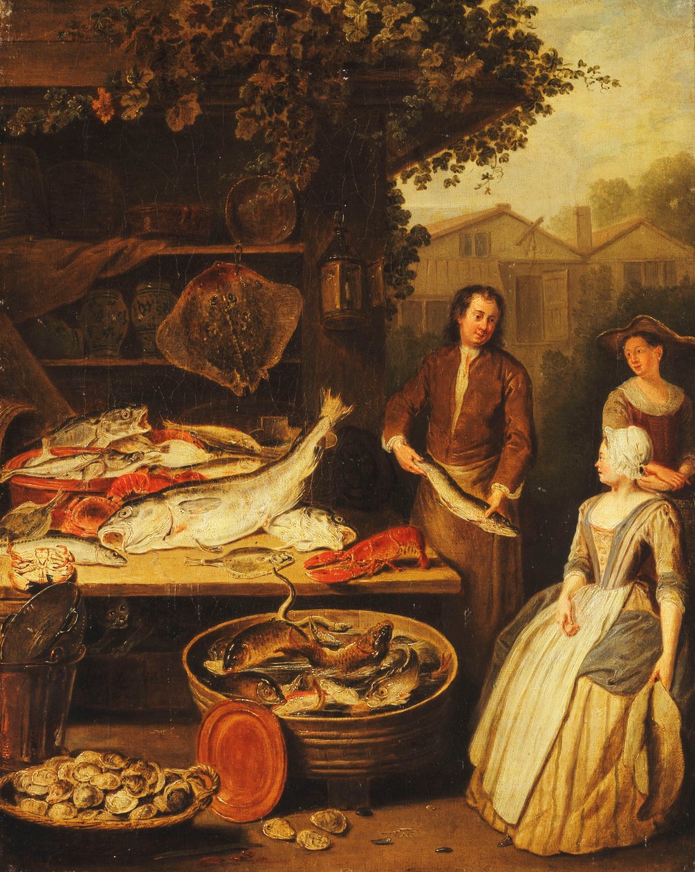 En fiskhandlare som visar en gädda för en piga, 1727 av Pierre Angelis or Angillis