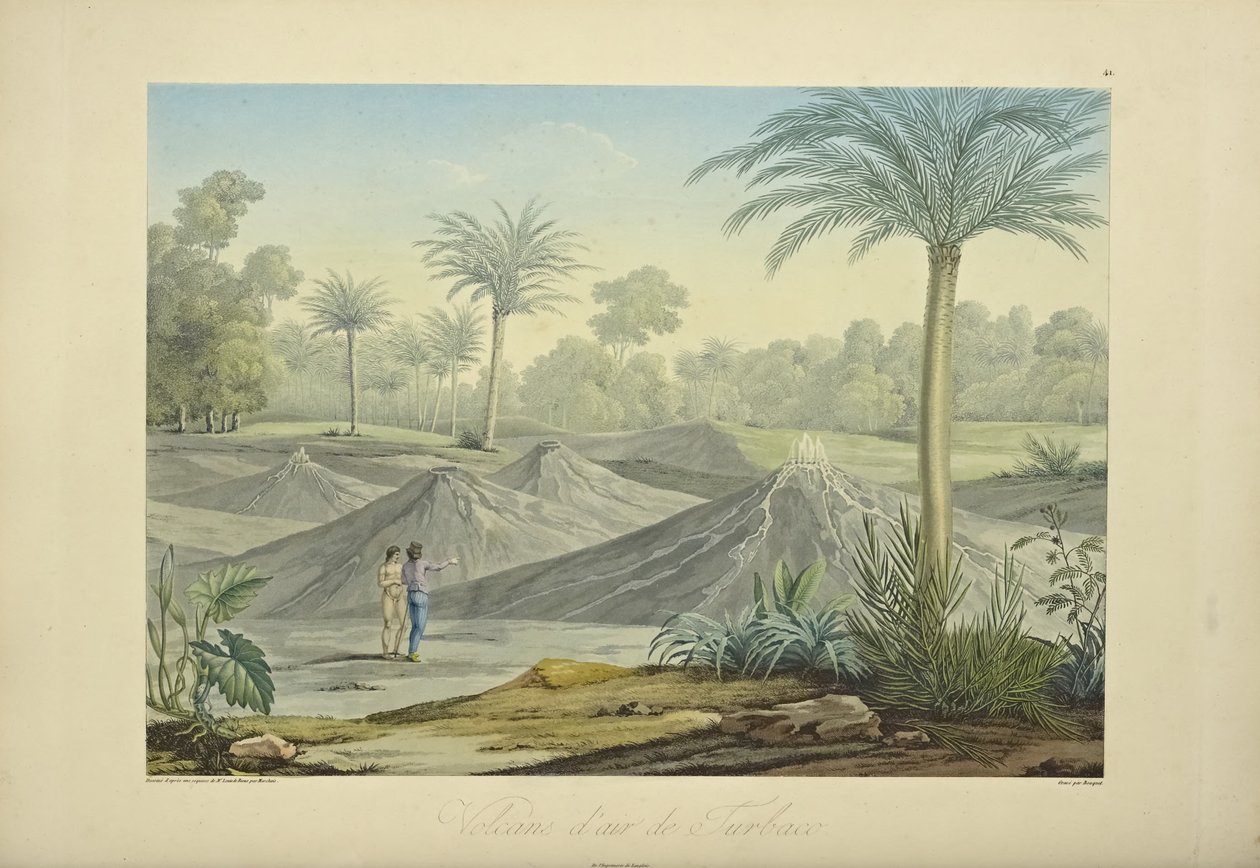 Air Volcanoes of Turbaco, graverad av Bouquet, illustration från "Views of the Cordilleras and Monuments of the Native Peoples of America" ​​av Alexander von Humboldt och Aime Bonpland av Pierre Antoine (after) Marchais