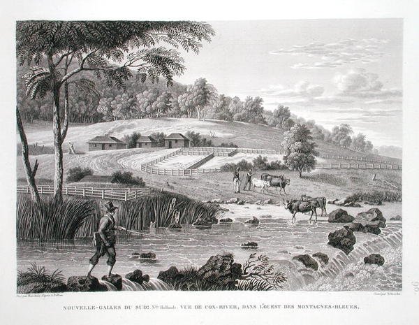 New South Wales, New Holland: Utsikt över Cox River i väster om Blue Mountains, från "Voyage Autour du Monde (1817-20)", av Louis Claude Desaulses de Freycinet (1779-1842) graverad av Schroeder, publicerad 1822 -24 (lito) av Pierre Antoine (after) Marchais