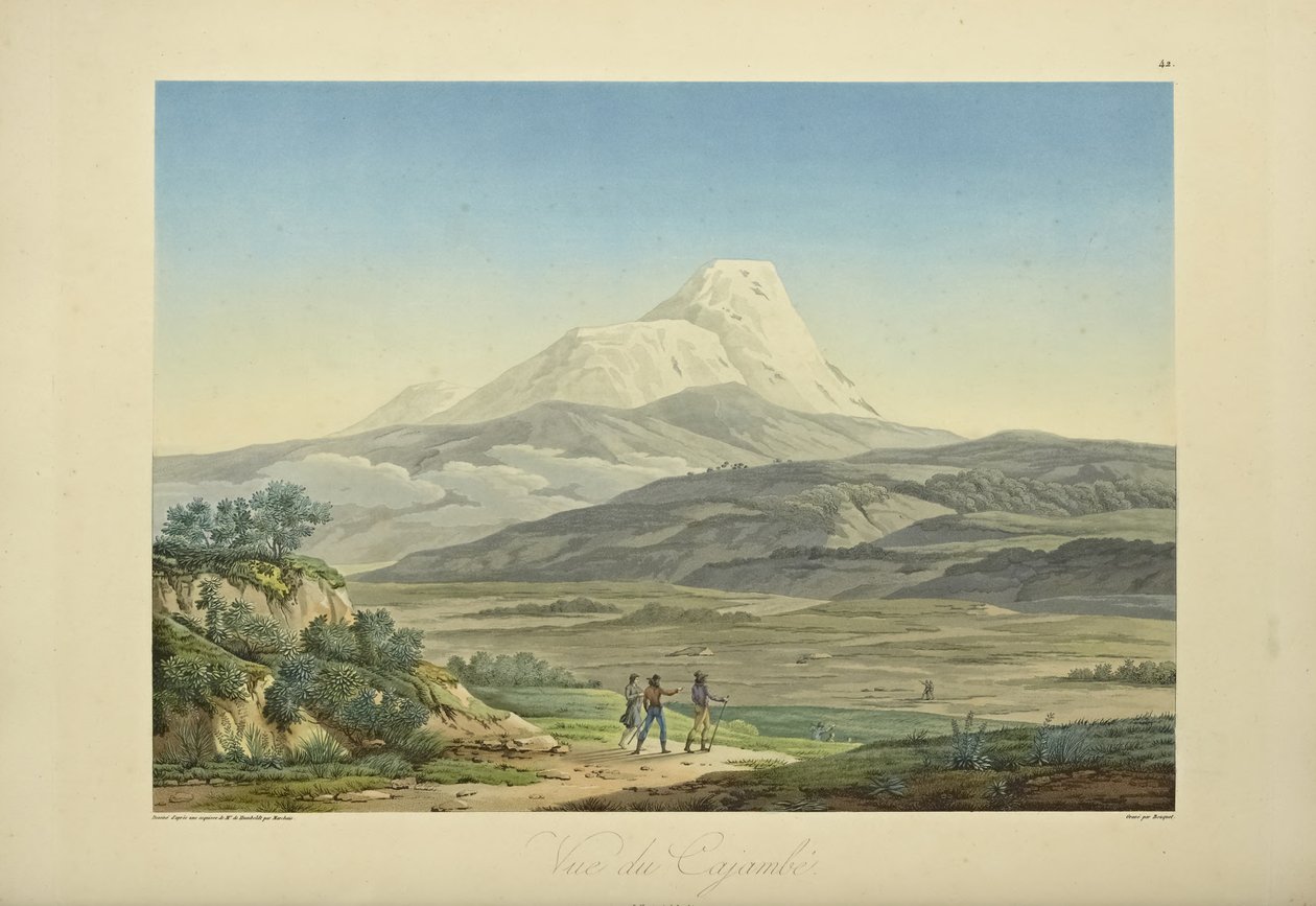 Vy över Cajambe, graverad av Bouquet, illustration från "Views of the Cordilleras and Monuments of the Native Peoples of America" ​​av Alexander von Humboldt och Aime Bonpland av Pierre Antoine (after) Marchais