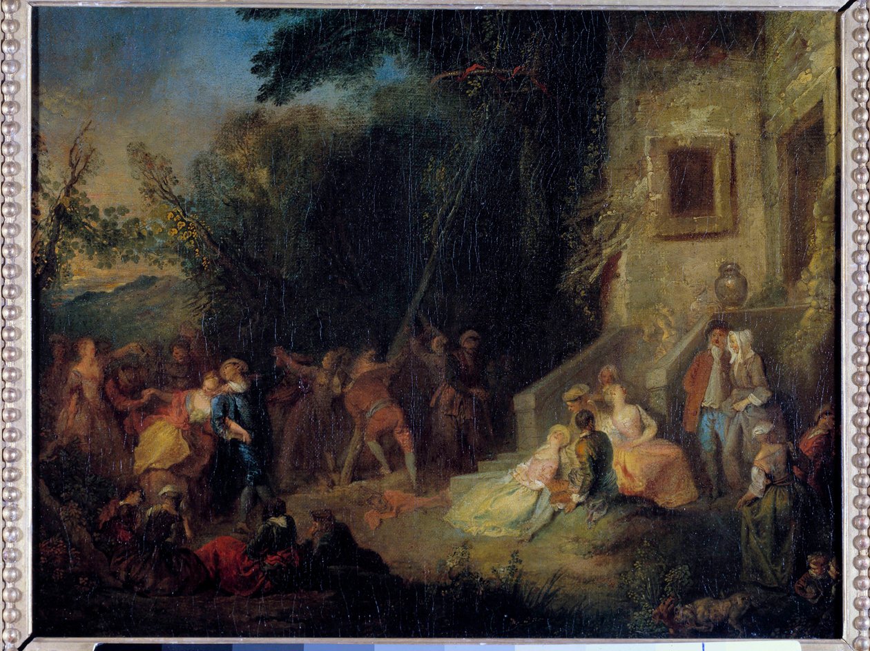 Maj planterar en traditionell fest som bestod av att plantera ett träd i maj. Målning tillskriven Pierre-Antoine Quillard (ca 1701-1733) 1700-talet. Sol 0,37x0,45 m av Pierre Antoine (attr. to) Quillard