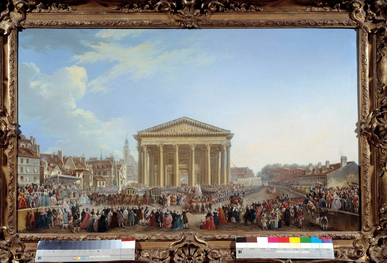 Ceremoni för nedläggning av den första stenen i den nya kyrkan Saint Genevieve den 6/09/1764 nära Pantheon-målningen av Pierre Demachy (1723-1807) 1765. Dim. 81 x 1,29 m Paris, musee Carnavalet - Ceremoni för nedläggning av den första stenen i den nya kyrk av Pierre Antoine Demachy