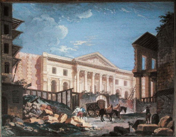 Konstruktion av Academie de Chirurgie, Paris, ca 1780-89 (gouache på papper) av Pierre Antoine Demachy