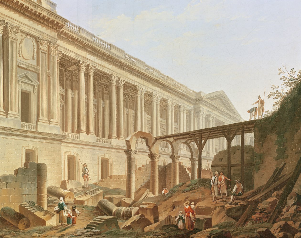 Rivning av Hotel de Bourbon och rensning av Louvrens pelargång, c.1764 av Pierre Antoine Demachy