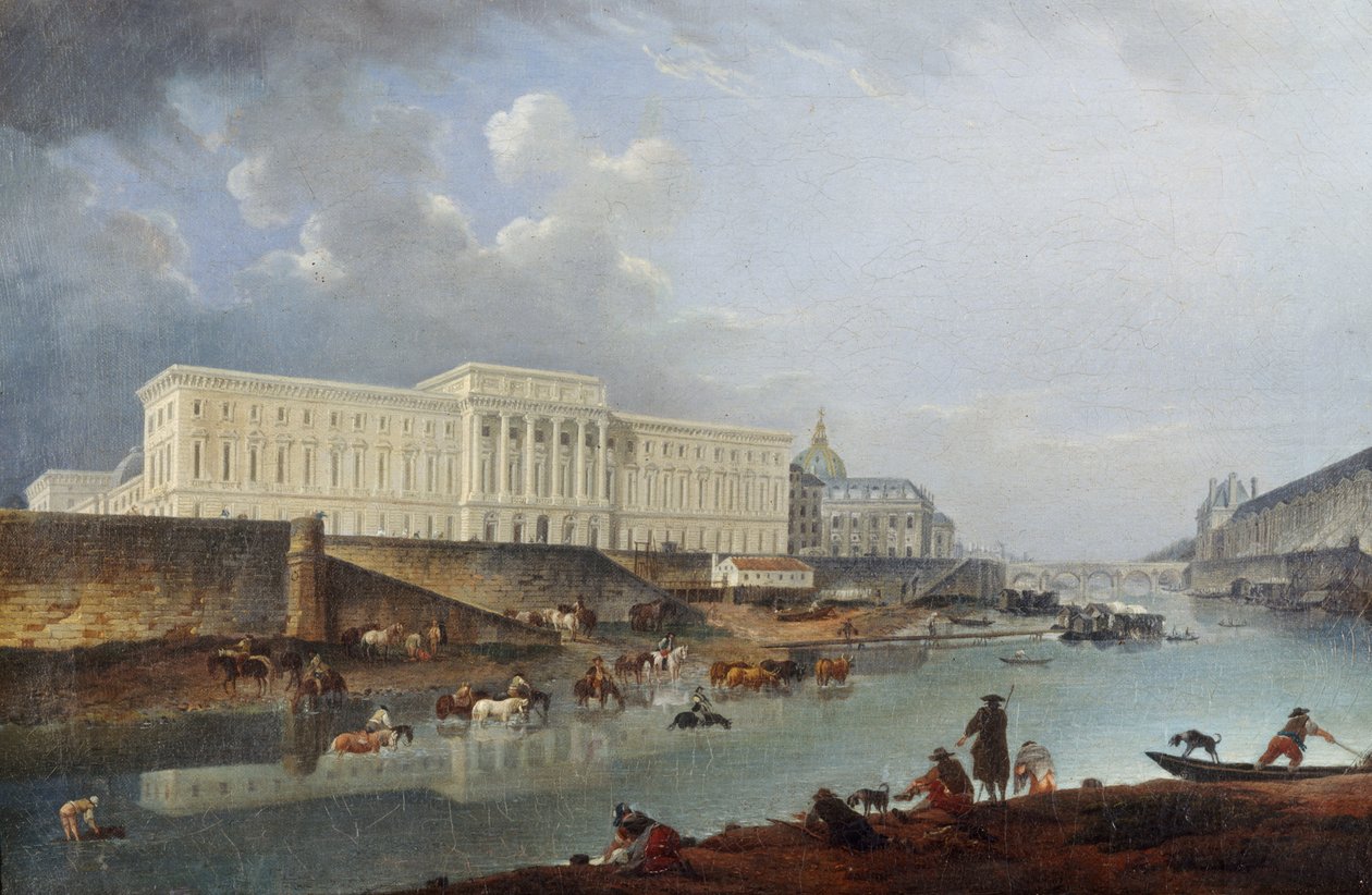 Hôtel de la Monnaie, Quai de Conti och Seine, sett från Pointe de la Cité, 1777. av Pierre Antoine Demachy
