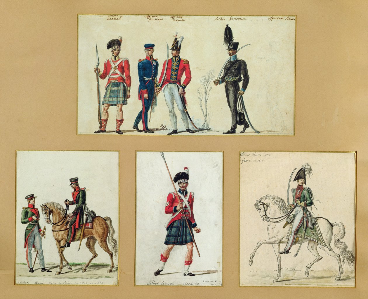 Uniformerna för skotska soldater och preussiska, engelska, hannoveranska och ryska officerare 1814 av Pierre Antoine Lesueur