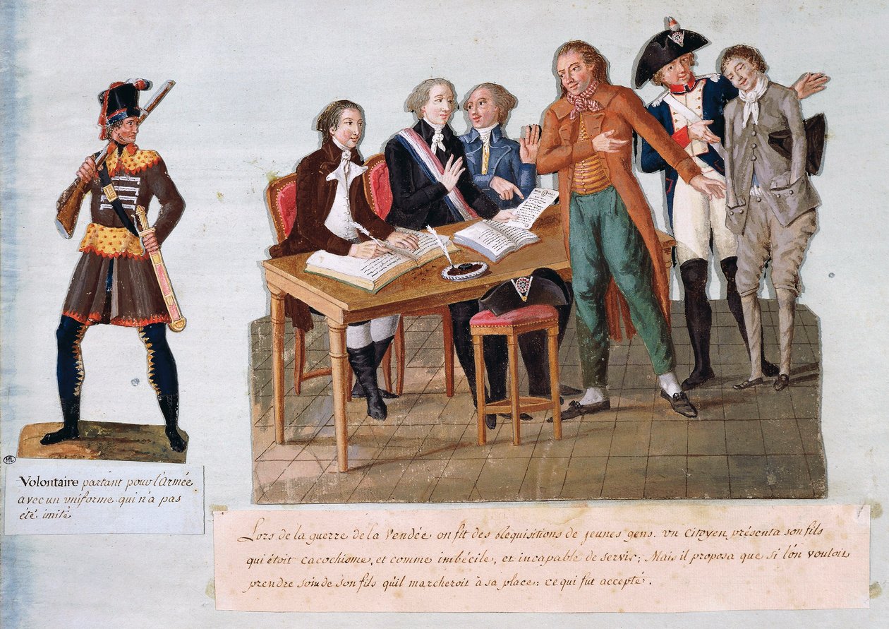 Volontärer på väg för att anmäla sig till armén för kriget i Vendee (1792-1793) (gouache på papper) av Pierre Antoine Lesueur