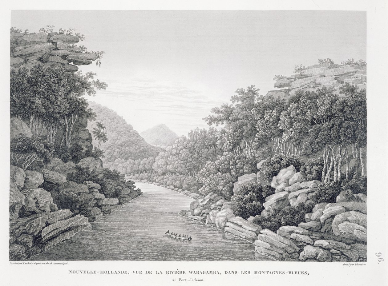 New Holland: Vy över Waragamba-floden i Blue Mountains, från "Voyage Autour du Monde (1817-20)", av Louis Claude Desaulses de Freycinet (1779-1842), graverad av Schroeder, publicerad 1822-24 (li av Pierre Antoine Marchais