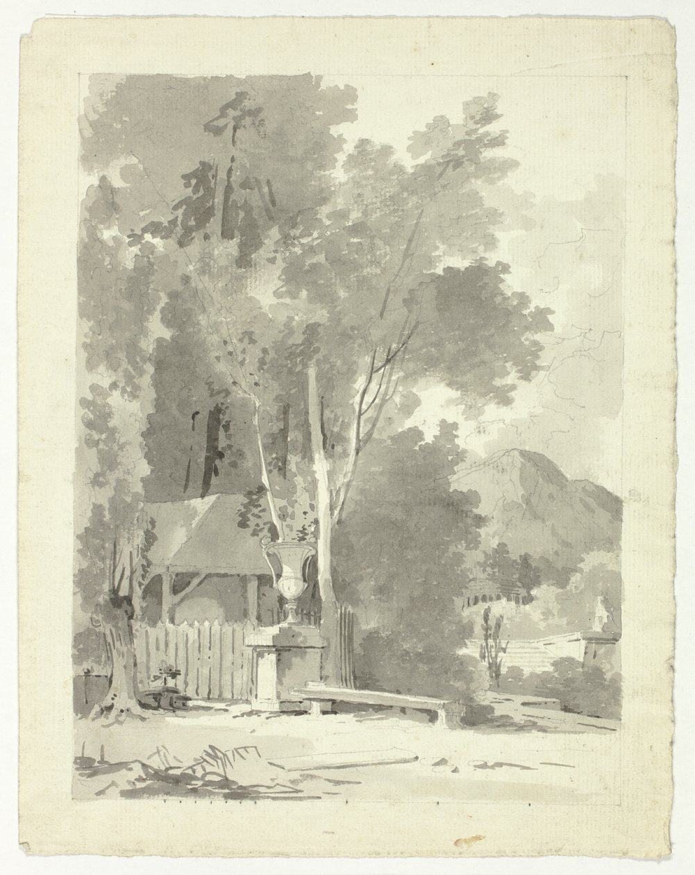 Klassisk urna framför ett skjul, med tempel och berg i bakgrunden av Pierre Antoine Mongin
