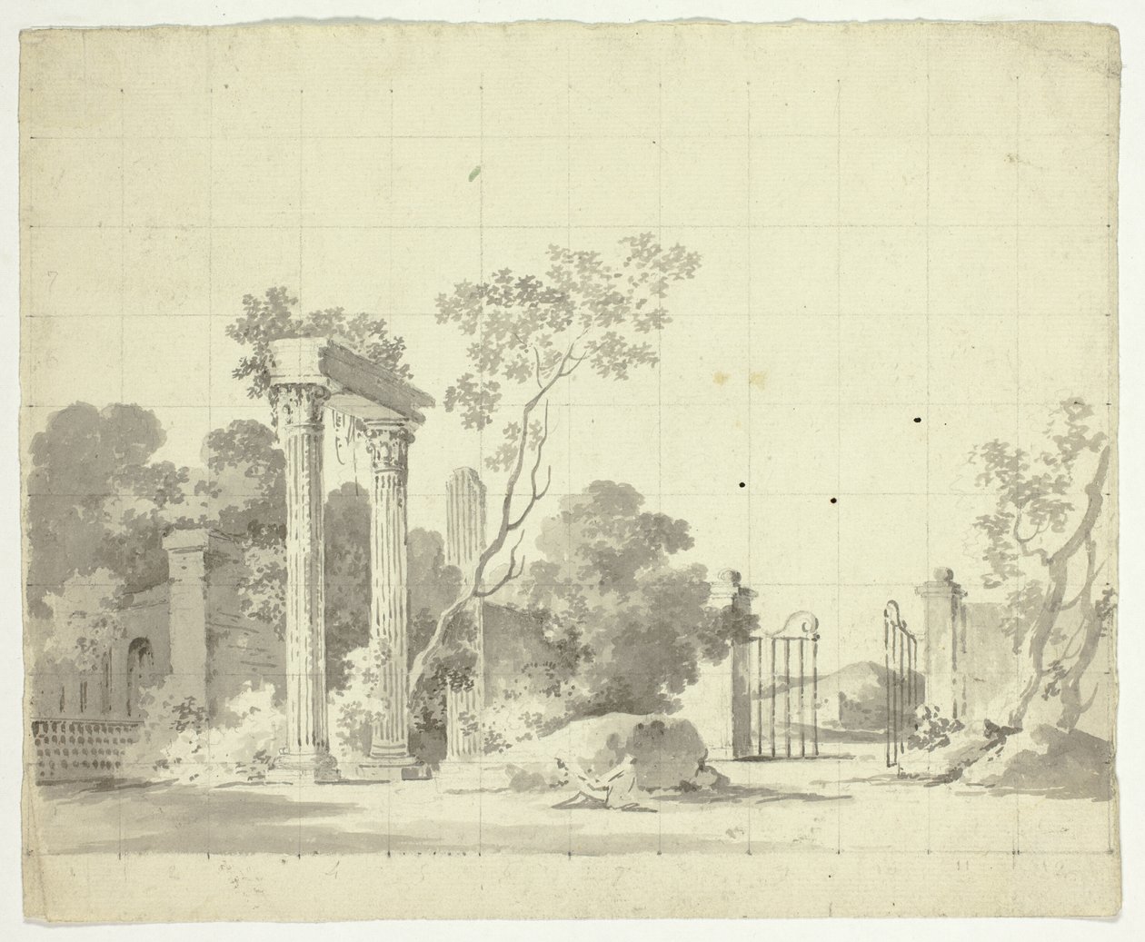 Vy över parken vid Versailles: Ruinerade pelare och en öppen järngrind av Pierre Antoine Mongin