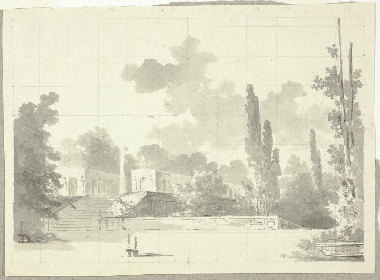 Vy över parken vid Versailles: Trappa till terrass med tempel och pelare av Pierre Antoine Mongin