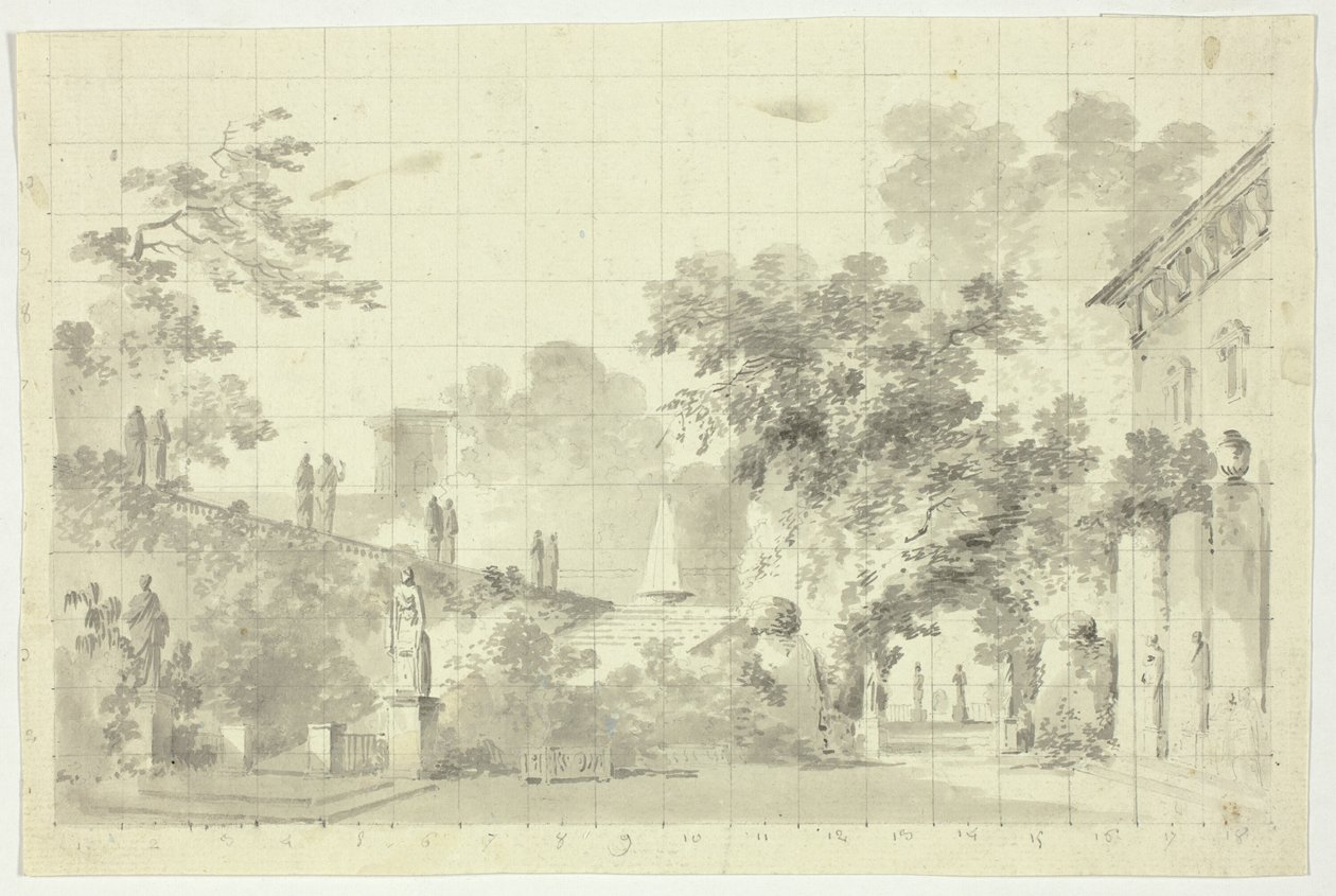 Utsikt över parken vid Versailles: Statyer och en fontän av Pierre Antoine Mongin