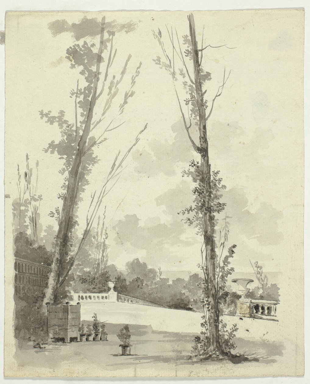 Vy över parken vid Versailles: Två poppelträd med balustradpromenad i bakgrunden av Pierre Antoine Mongin