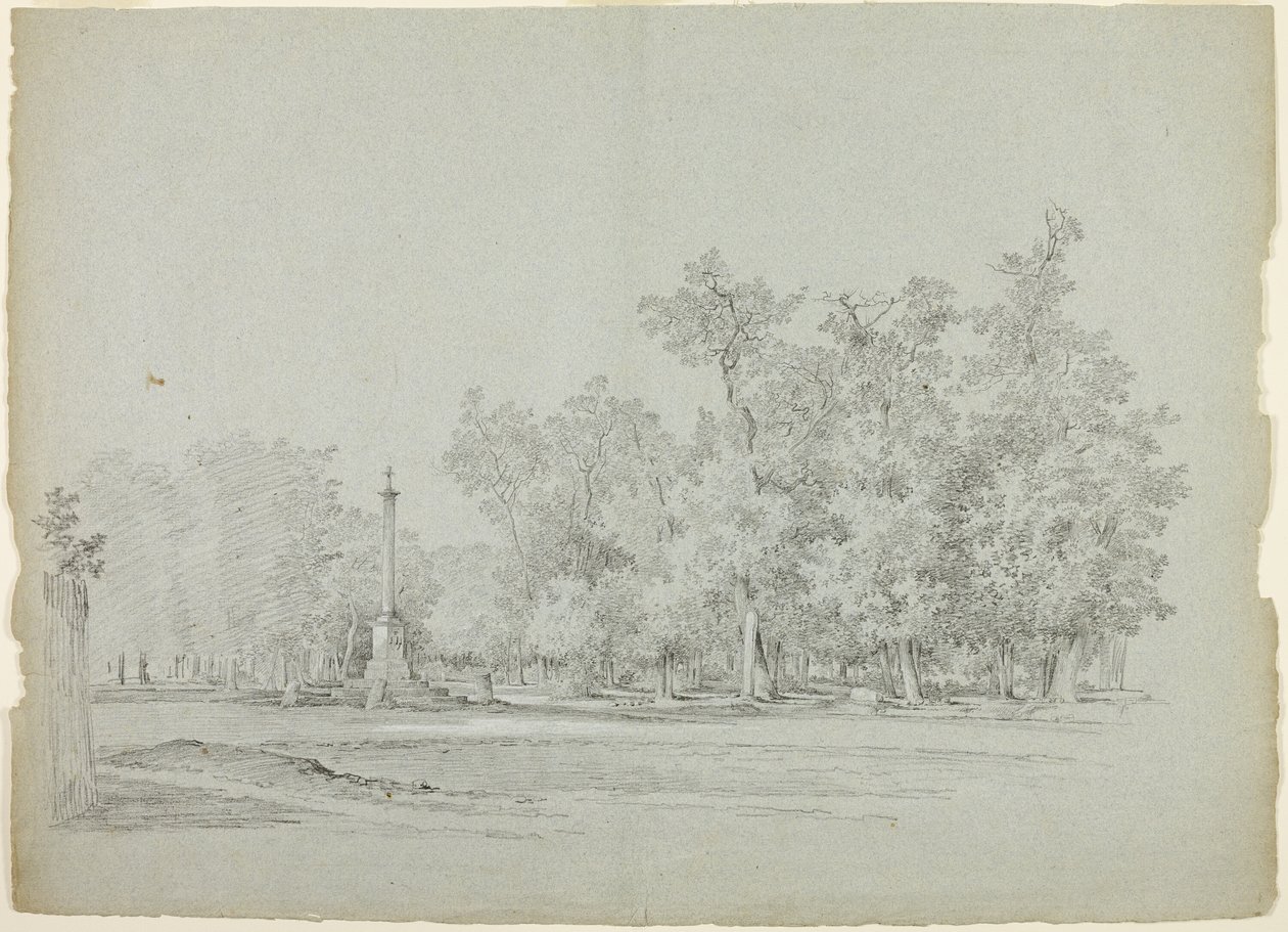 Vy över parken vid Versailles: Landskap med minnespelare och träddunge av Pierre Antoine Mongin