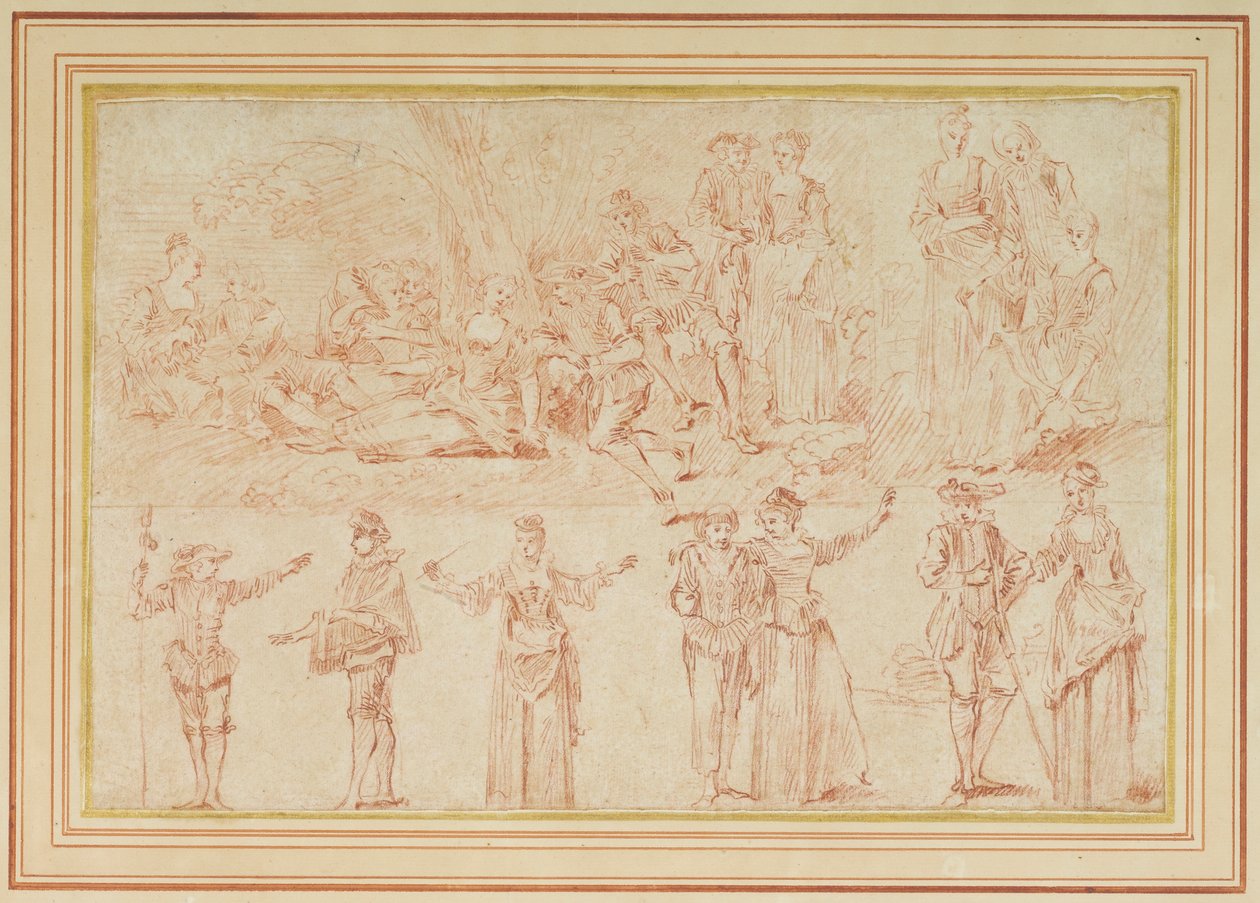 Två fester galantes och studier av enskilda figurer och par (röd krita på papper) av Pierre Antoine Quillard
