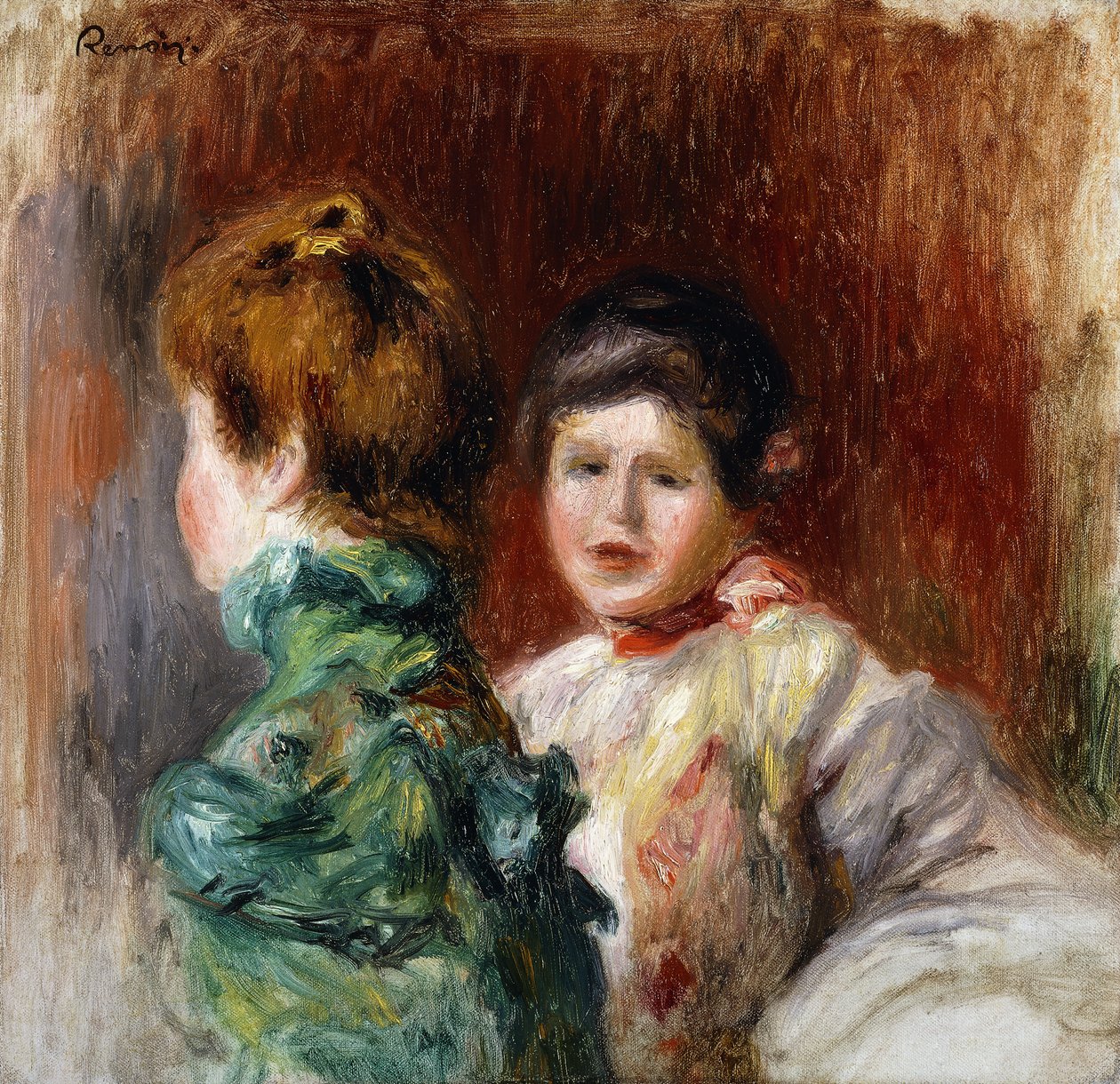 En skiss av två kvinnors huvuden; Esquisse, Deux Tetes de Femmes, 1895 av Pierre Auguste Renoir
