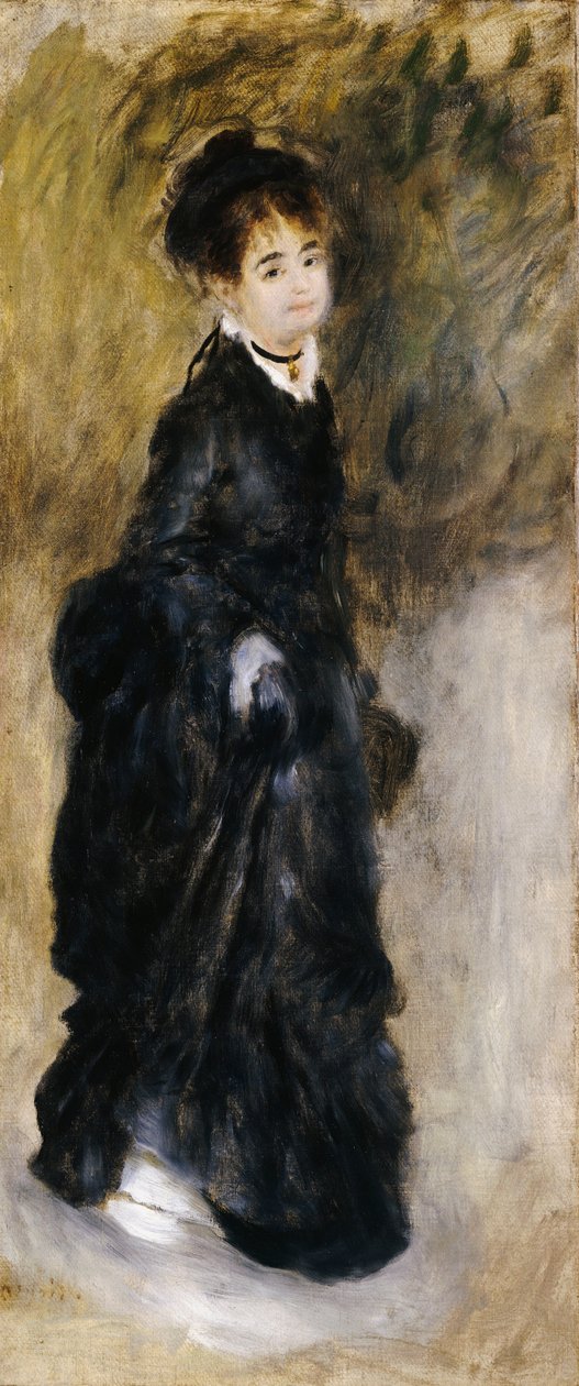 En ung kvinna, full längd, som håller upp sin kjol, 1877 av Pierre Auguste Renoir