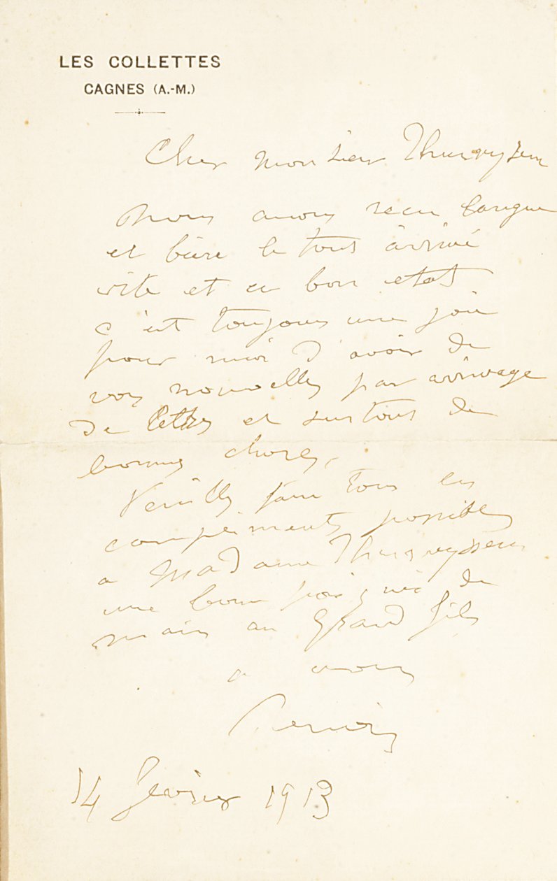 Autografbrev undertecknat till Dr. Fritz Thurneyssen, Paris och Les Collettes, 24 juni 1908 av Pierre Auguste Renoir