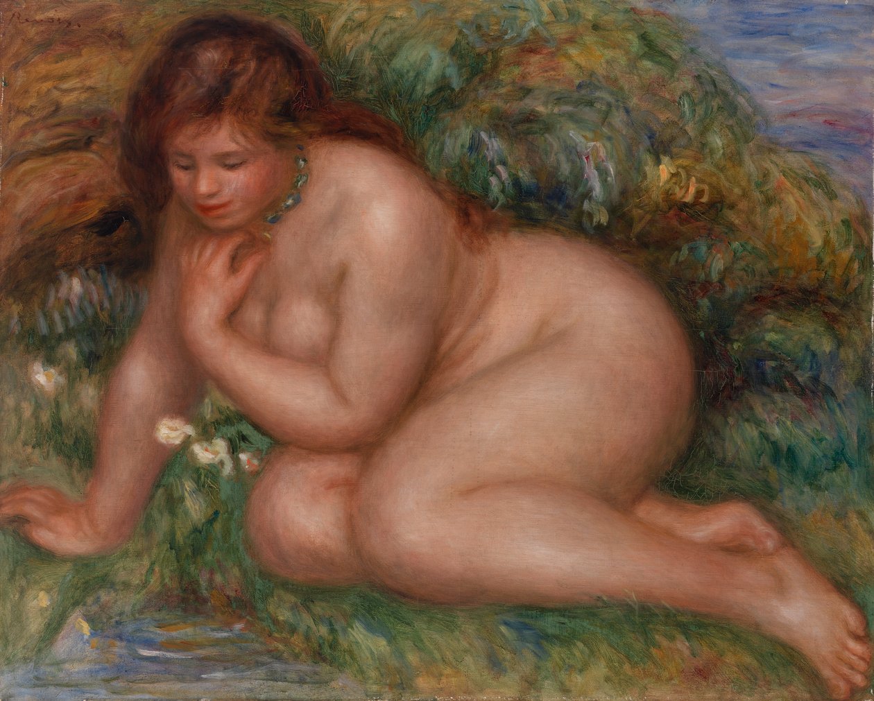 Badtagaren stirrar på sig själv i vattnet av Pierre Auguste Renoir