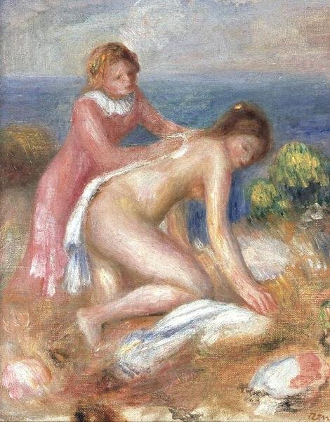Badare och en hembiträde av Pierre Auguste Renoir