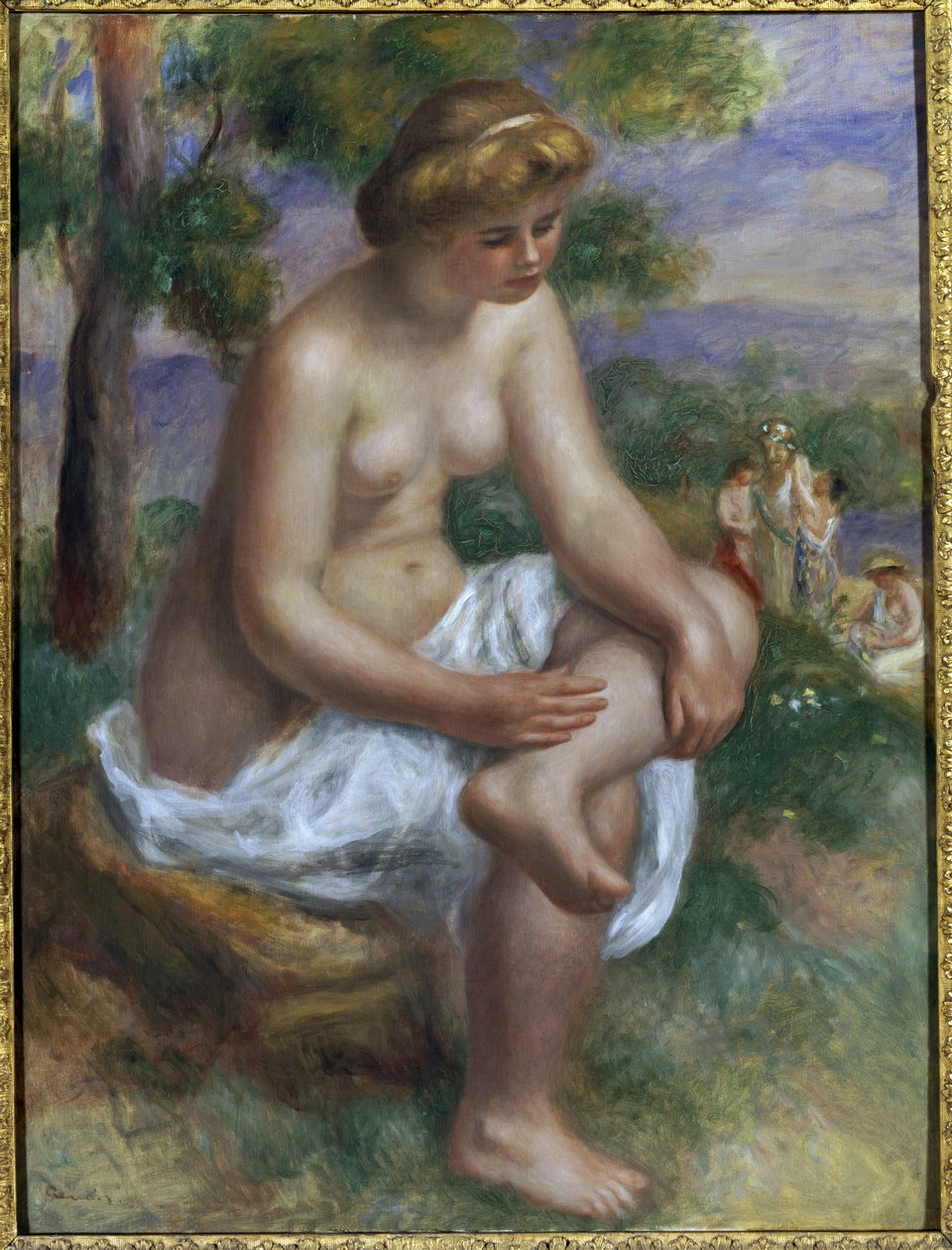 Badande sitter i ett landskap som heter Eurydice (olja på duk av Pierre Auguste Renoir