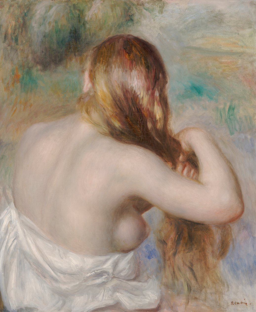 Blond som flätar hennes hår av Pierre Auguste Renoir
