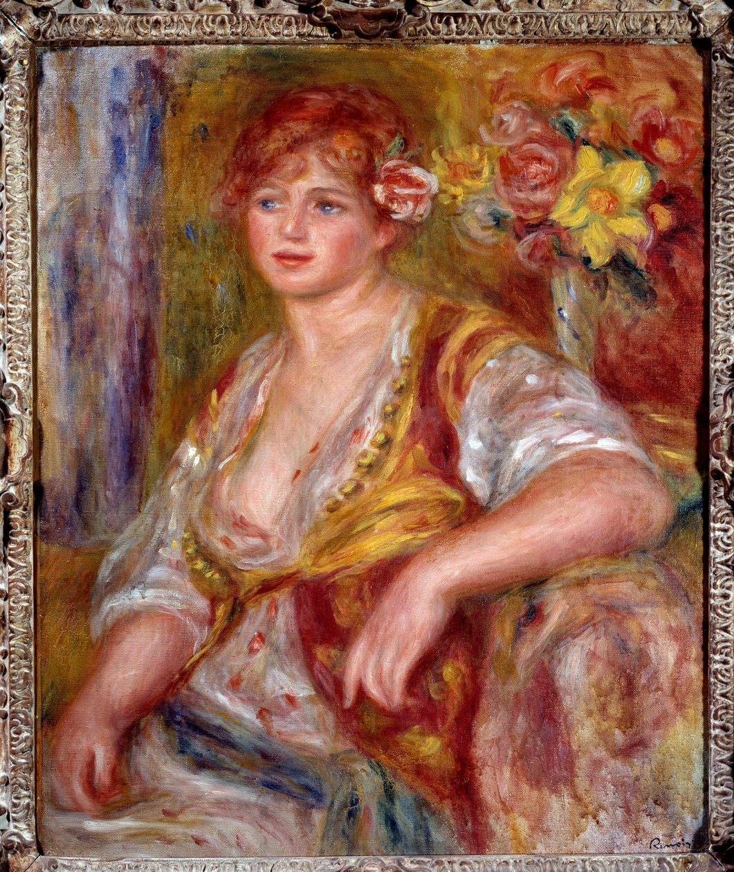 Blondin har rosen. Porträtt av Andree Madeleine Heuschling (1900-1979) med smeknamnet "Dedee", en komiker känd som Catherine Hessling (hon gifte sig med Jean Renoir 1920). Målning av Pierre Auguste Renoir (1841-1919), cirka 1915. Olja på duk. Franska Impre av Pierre Auguste Renoir