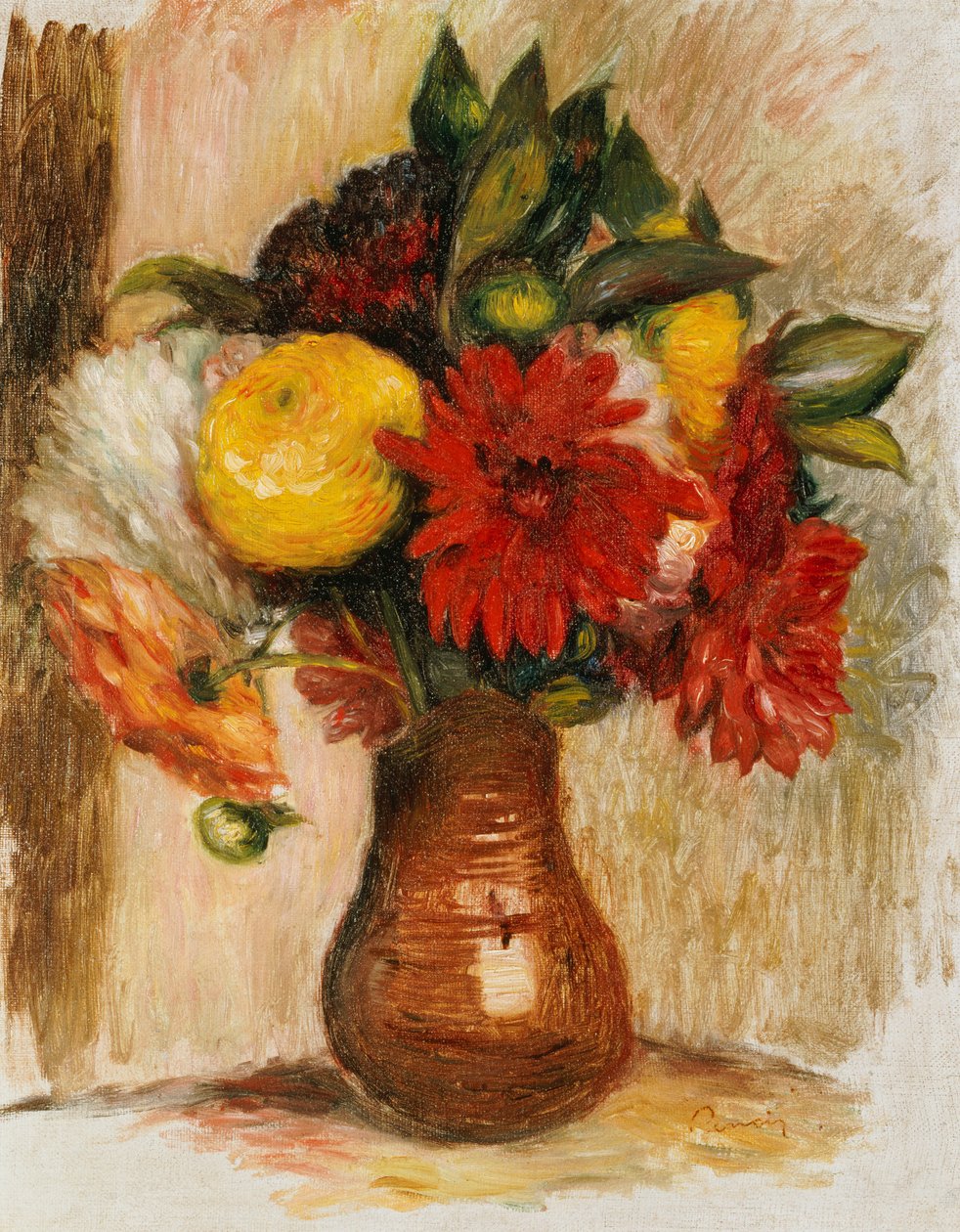 Bukett blommor i en stenkanna av Pierre Auguste Renoir