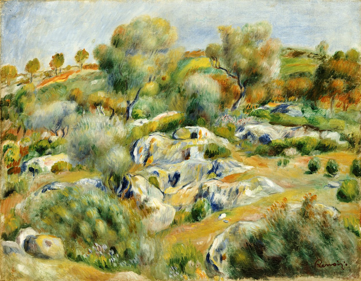 Bretagne landskap med träd och stenar av Pierre Auguste Renoir
