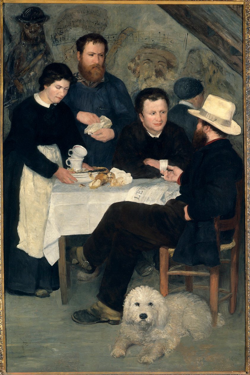 Chez la Mere Antony a Marlotte (Bourron-Marlotte (77)): Claude Monet, Alfred Sisley och Charles Le Coeur runt bordet med Mere Anthony, målning av Pierre Auguste Renoir (1841-1919) av Pierre Auguste Renoir