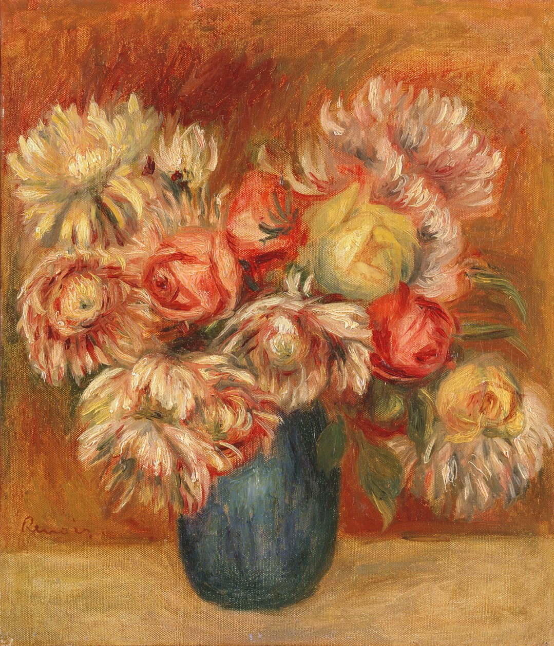 Krysantemum i en grön vas (olja på duk) av Pierre Auguste Renoir