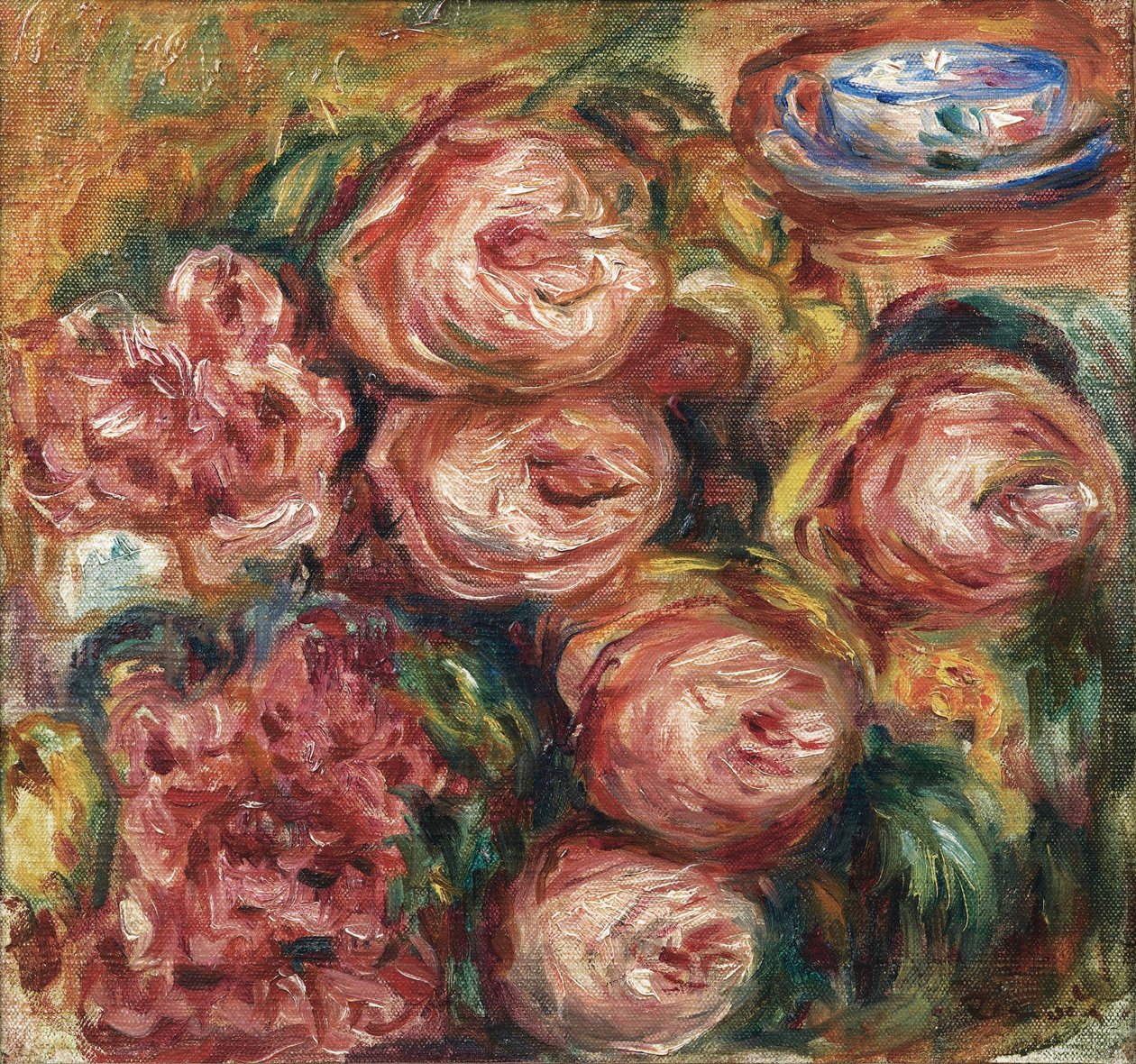 Komposition med rosor och en kopp te av Pierre Auguste Renoir