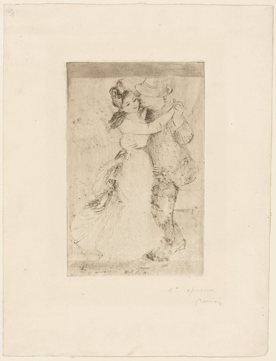 Dance in the Country, ca 1890 (etsning i brungrått på elfenbensfärgat papper) av Pierre Auguste Renoir