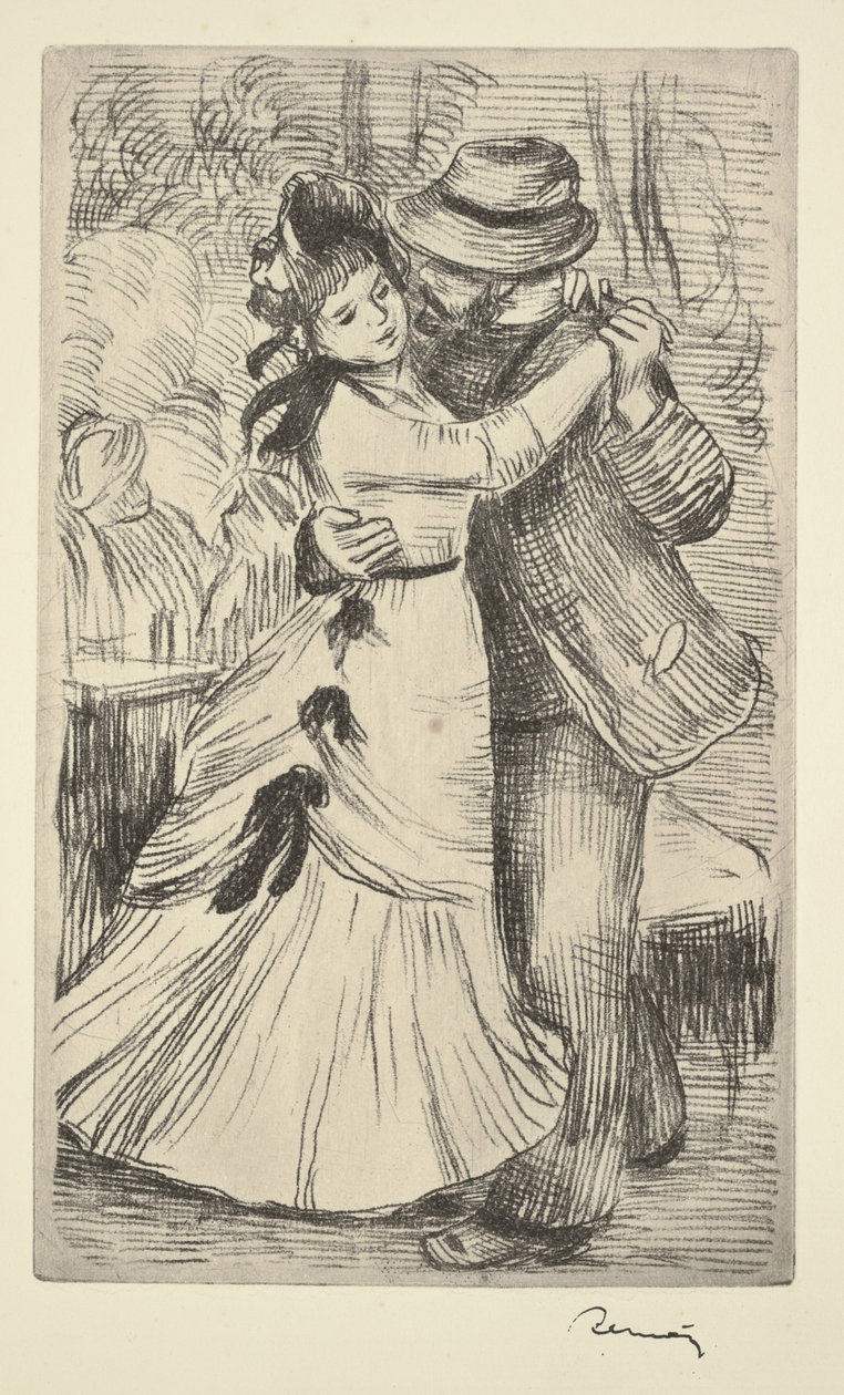 Dans på landet, ca 1890 (mjuk markets etsning) av Pierre Auguste Renoir